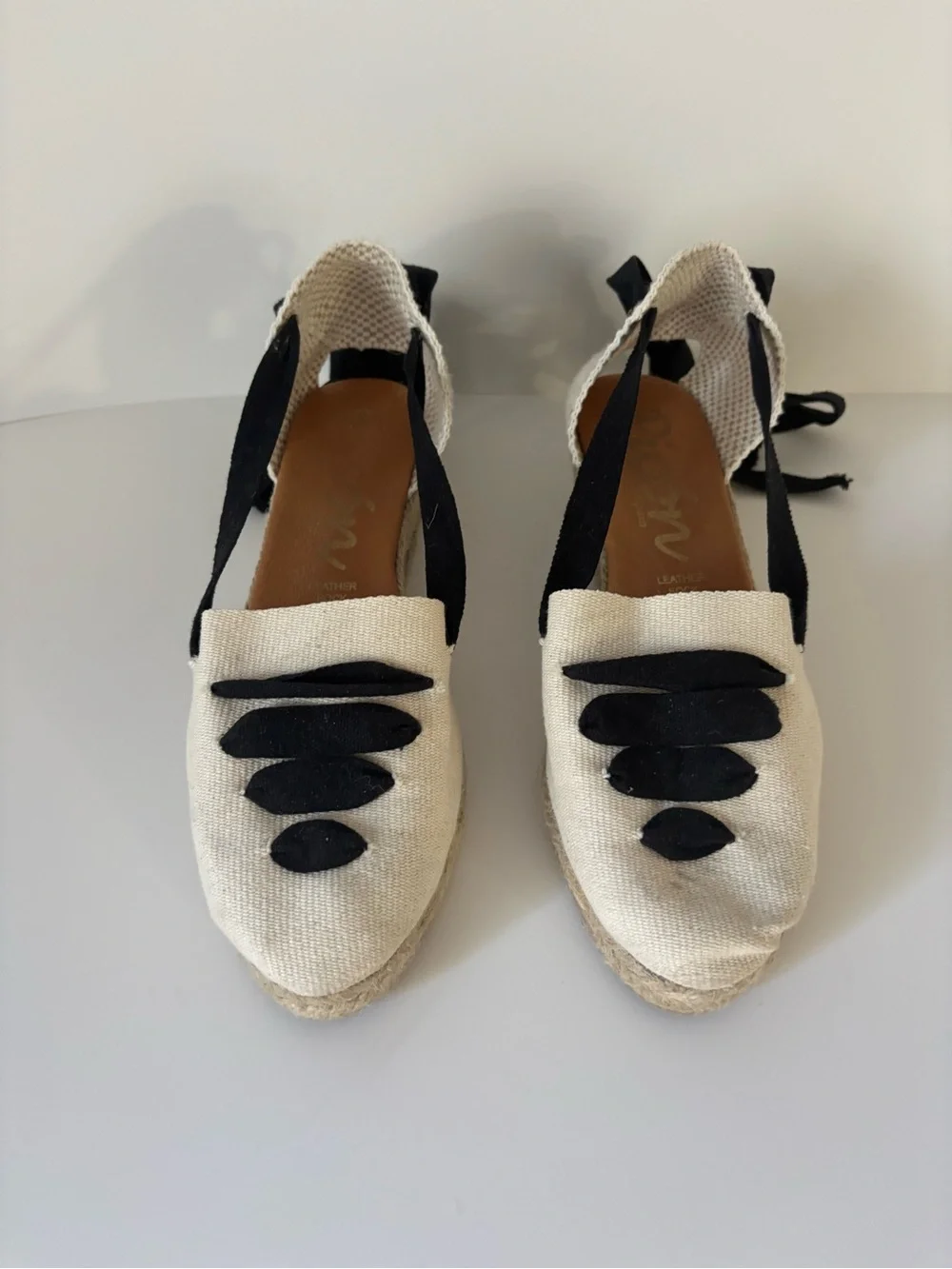 Picon Cream Espadrille Wedge Flats with Black Ribbon Detail